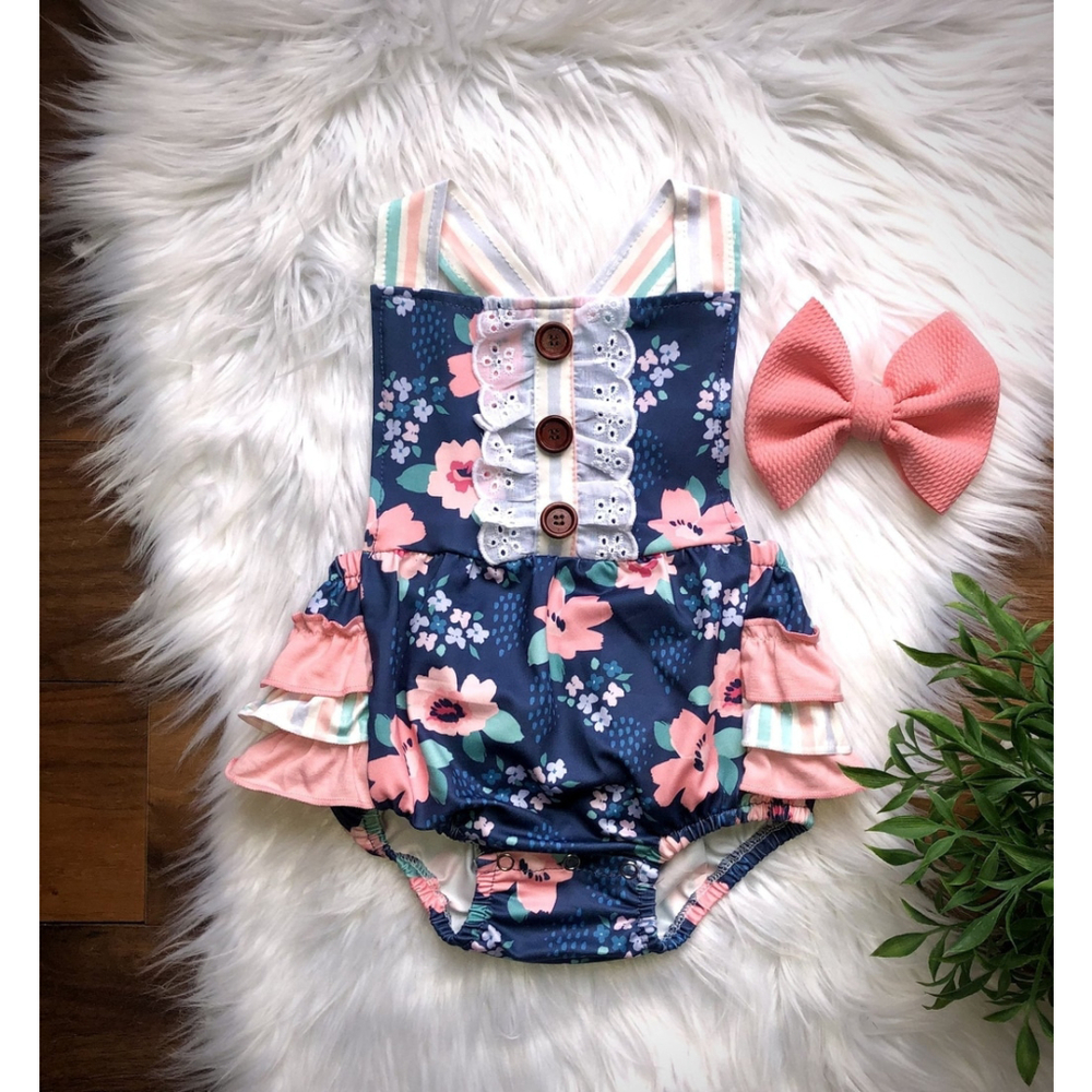 Wellington Designs Navy & Pink Bubble Romper, Sz 3/6 NWT
